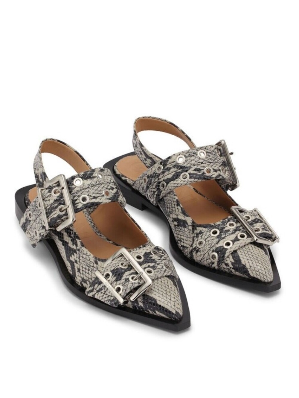 NWOT Ganni $450 Leather Slingback Snakeprint Buckle Flats Size 37 (7, Fit Large)